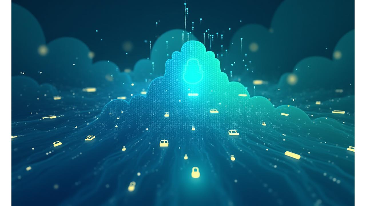 Grafik: Daten werden durch eine sichere digitale Wolke geschützt, mit stilisierten Schildern und Schlössern, die Sicherheit symbolisieren.
