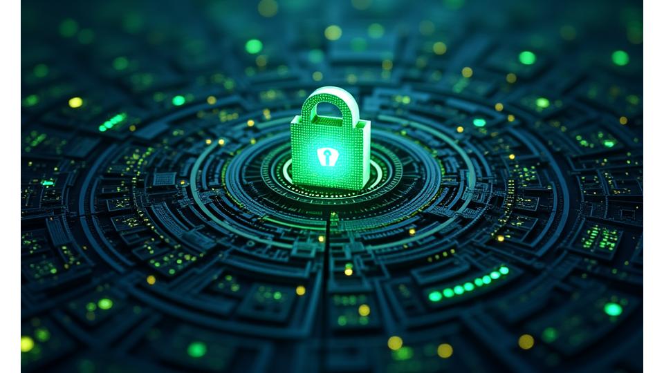 Infografik, die mehrschichtige Datenschutzmaßnahmen darstellt, wie Verschlüsselung, Firewalls und Zugangskontrollen, mit einem Schloss-Symbol im Zentrum.