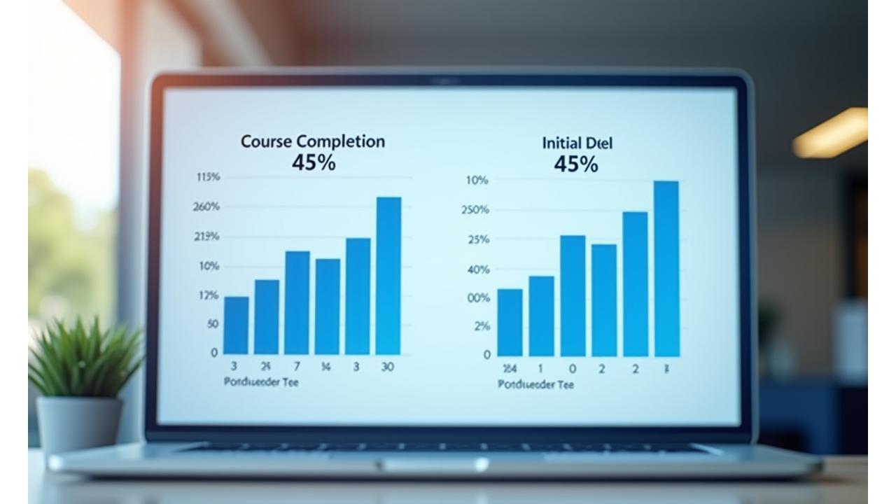 Grafiken und Diagramme, die eine 45%ige Verbesserung der Kursabschlussquoten und gesteigertes Engagement an einer Universität zeigen.
