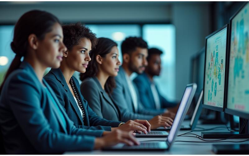 Professionelle Mitarbeiter in einem modernen Büro arbeiten an Laptops, nehmen an Online-Schulungen teil.