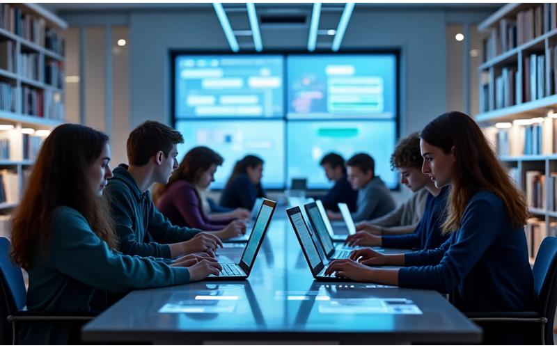 Studenten in einer modernen Universitätsbibliothek, die auf Laptops forschen und zusammenarbeiten.