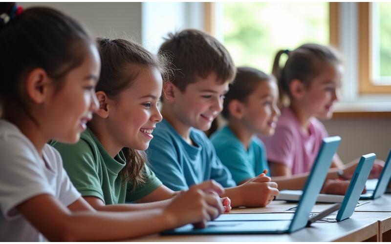 Junge Schülerinnen und Schüler nutzen Tablets in einem modernen Klassenzimmer, um online zu lernen.