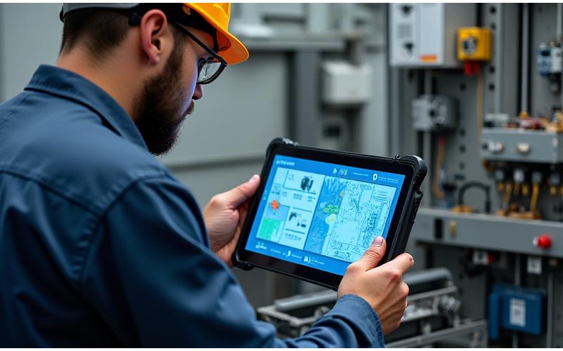 Ein Auszubildender arbeitet an einer technischen Maschine und nutzt ein Tablet für digitale Anweisungen.