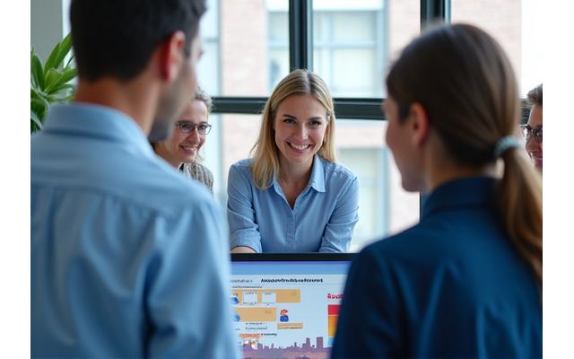 Ein Team von Lernwelle-Mitarbeitern bietet Schulungen und Support an einem großen interaktiven Bildschirm.