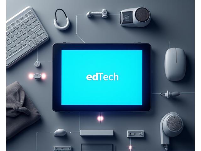 Diverse assistive Technologien wie ein Bildschirmlesegerät, eine spezielle Tastatur, ein Braille-Display und eine Spracherkennungssoftware sind um ein zentrales Tablet angeordnet, das eine Lernwelle-Plattform anzeigt, die nahtlose Integration und Zugänglichkeit symbolisiert.