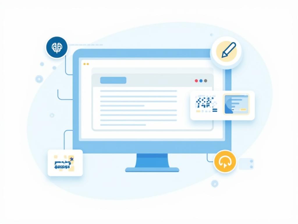Eine Content-Management-System-Oberfläche mit sichtbaren Barrierefreiheits-Prüfwerkzeugen wie einem Alt-Text-Generator mit KI-Symbol, automatischen Untertiteln für Videos und einem Lesbarkeits-Indikator, der eine intuitive und integrative Inhaltserstellung workflow-Darstellung.