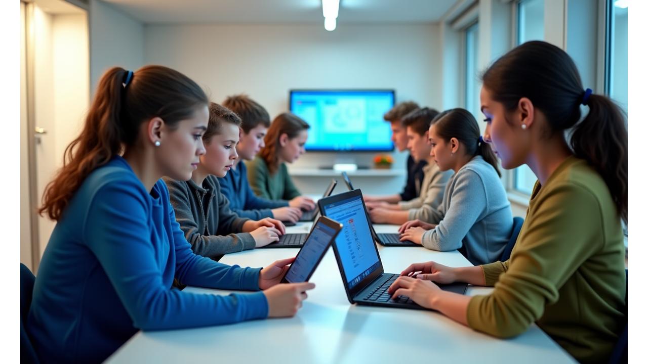 Interaktive Benutzeroberfläche einer EdTech-Plattform mit simulierten Barrierefreiheitsfunktionen wie Screenreader-Text, Tastaturnavigation und hohem Kontrast, dargestellt auf einem Tablet und einem Laptop, die Verbindung und Inklusion symbolisieren.