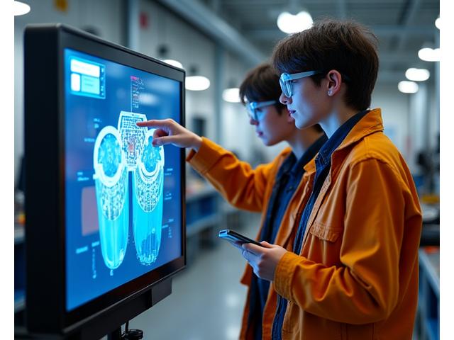 Auszubildende nutzen eine interaktive Simulation in einer Werkstattumgebung