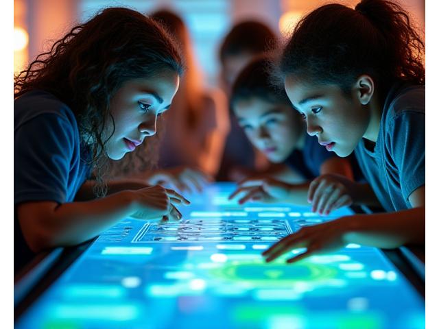 Gruppe von Schülern löst gemeinsam ein digitales Puzzle auf einem großen Bildschirm