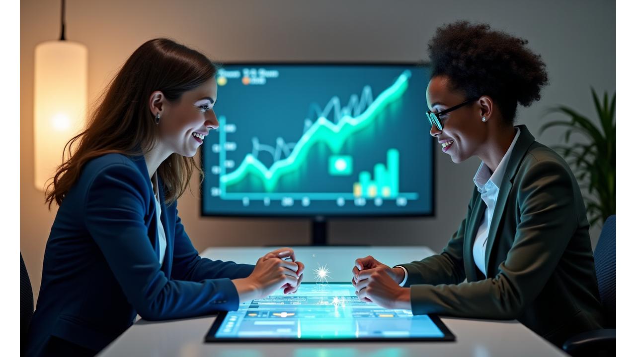 Berater und Bildungsexperte arbeiten zusammen an einem Tablet, das ein Gamification-Konzept zeigt.