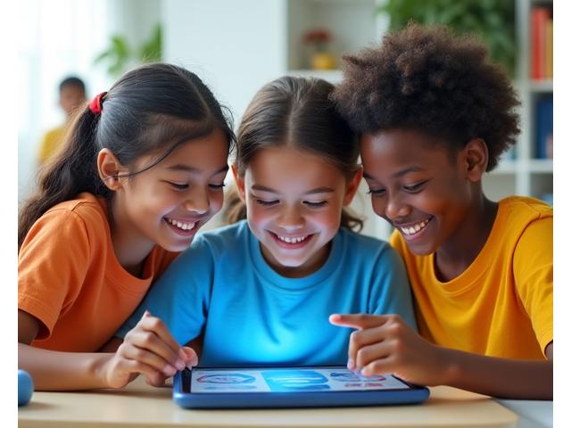 Lachende Grundschulkinder interagieren mit einem Lernspiel auf einem Tablet