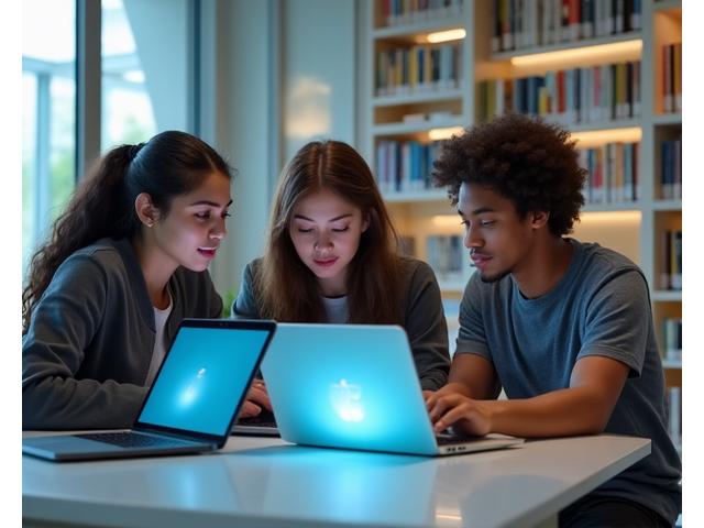 Studenten in einer Universitätsbibliothek, die an Laptops zusammenarbeiten