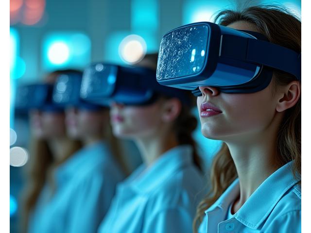 Schüler in VR-Headsets interagieren mit einer virtuellen Simulation
