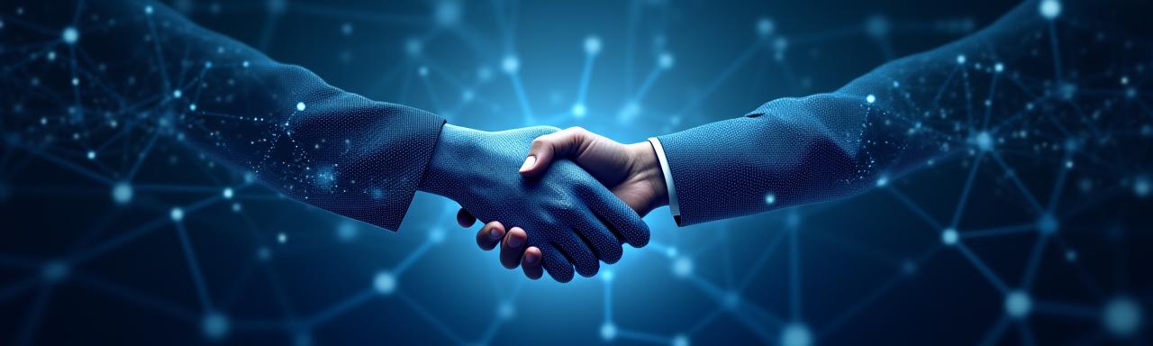 Stilisierte Darstellung eines Handschlags, der Vertrauen und Partnerschaft symbolisiert, vor einem abstrakten Hintergrund mit Zahnrädern und Wissenssymbolen.