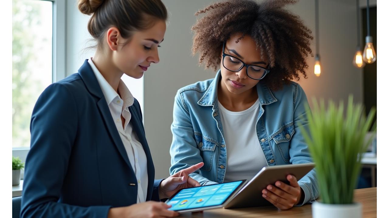 Zwei Personen tauschen sich in einem modernen Büroraum bei einer EdTech-Beratung aus, während sie Notizen machen und einen Tablet-Bildschirm betrachten.