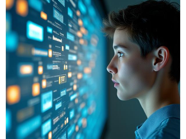 Interaktive KI-Lernpfad-Visualisierung, zeigt die Echtzeit-Anpassung eines personalisierten Bildungswegs mit Datenpunkten und Fortschrittsindikatoren vor einem dezentralisierten Netzwerk.