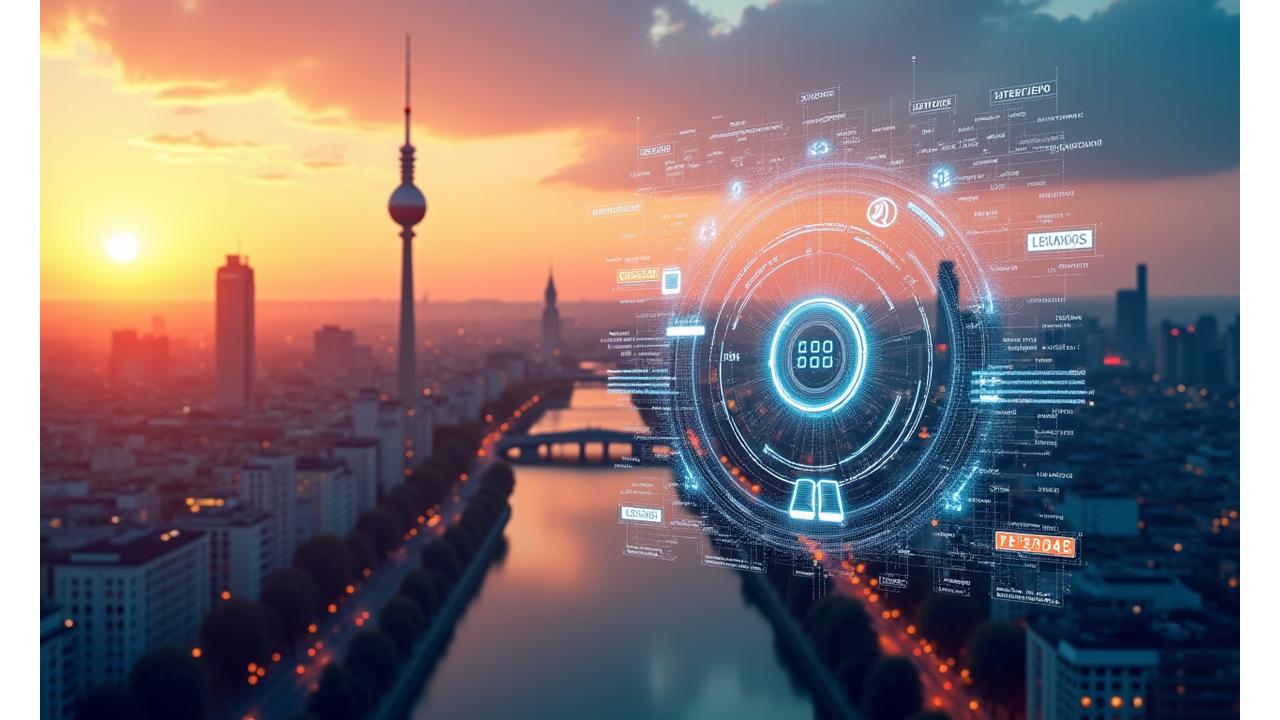 Moderne Lernplattform-Oberfläche vor einer stilisierten Berliner Skyline bei Sonnenaufgang, die Technologie und Bildung verschmilzt.