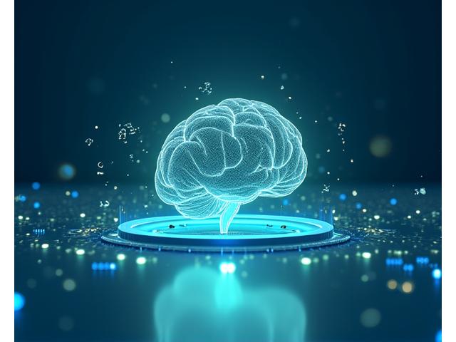 Eine Hand schützt ein glühendes Gehirn-Symbol, umgeben von Code-Zeilen und einem Copyright-Zeichen, das Innovation und Schutz des geistigen Eigentums darstellt.