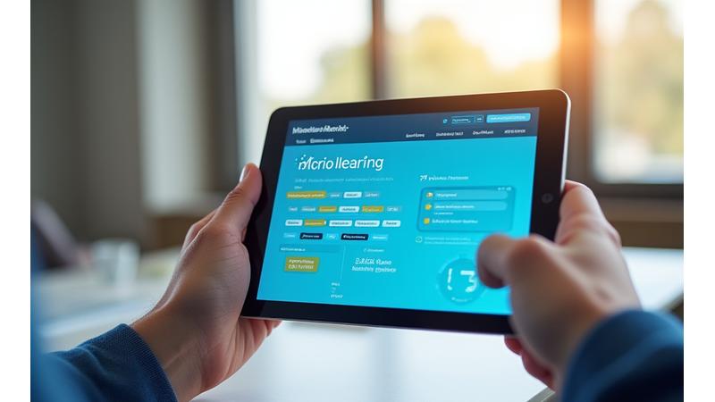Interaktiver Microlearning-Kurs auf einem Tablet, der Effizienz und Engagement symbolisiert.
