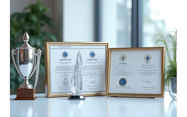 Mehrere glänzende Trophäen und Zertifikate aus der EdTech-Branche