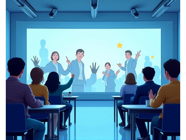 Live-Simulation einer virtuellen Klassenzimmer-Oberfläche mit interaktiven Elementen und aktiven Schülern.